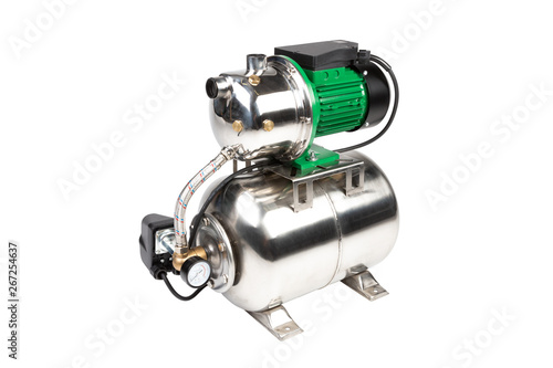 Complete water pressure booster system with centrifugal pump and pressure tank isolated on a white background.
