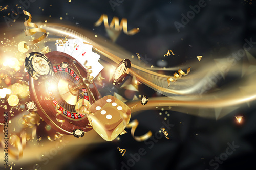 Creative background, roulette, gaming dice, cards, casino chips on a dark  background. The concept of gambling, casino, winnings, Vegas Games  Background. 3D render, 3D illustration Stock Illustration | Adobe Stock