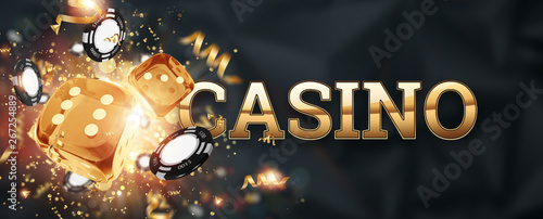 Canvas Print Creative background, inscription casino, roulette, gambling dice, cards, casino chips on a dark background