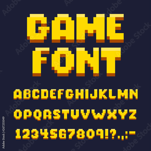 Pixel game font set, text and typography elements