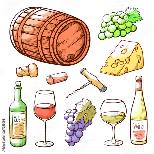 Wine hand drawn set, beverage and winery