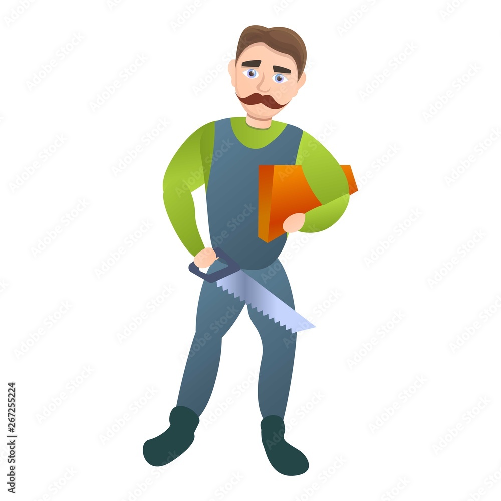 Carpenter take wood and saw icon. Cartoon of carpenter take wood and saw vector icon for web design isolated on white background Carpenter take wood and saw icon. Cartoon of carpenter take wood and saw vector icon for web design isolated on white background