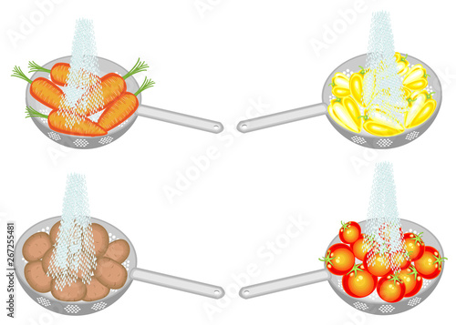 Collection. Fresh vegetables are washed under running water. In a colander ripe potatoes, carrots, peppers, tomatoes. Collected fruits should be eaten clean. Vector illustration set