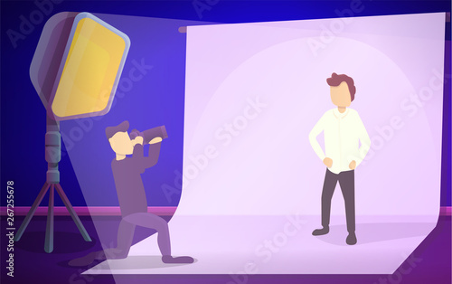 Man studio photo session concept banner. Cartoon illustration of man studio photo session vector concept banner for web design