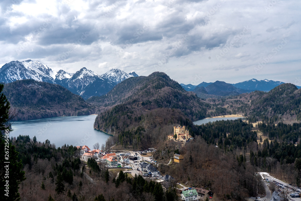 Hohenschwangau castle, view from Neuschwanstein castle, the famous viewpoint in Fussen, Germany - Immagine.