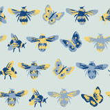 Vector bee and butterfly seamless pattern. Hand drawn background for gift wrapping, wallpaper and stationery.