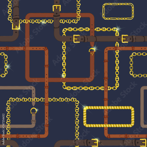 Seamless pattern with realistic hand drawn golden chains and brown leather belt Doodle sketch on dark blue background Square luxury ornament for fabric fashion design, web banner