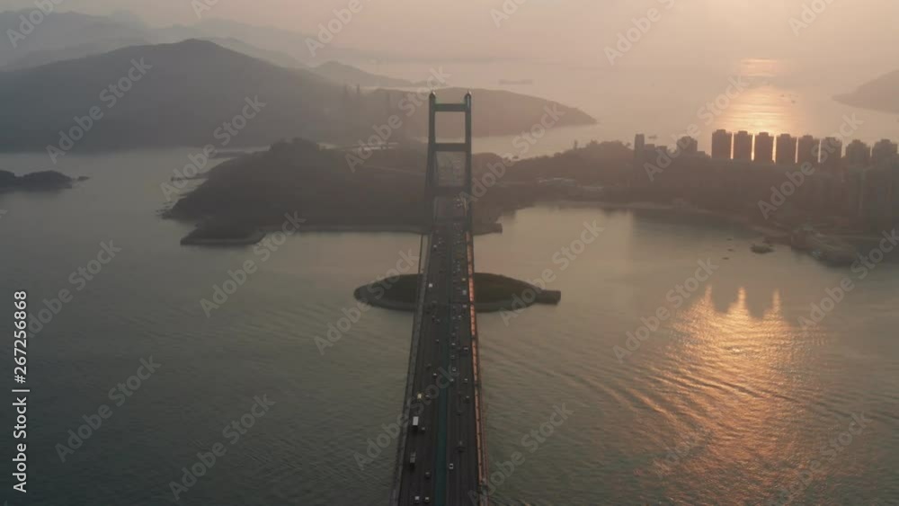Aerial drone scene fly over Tsing Ma bridge in Hong Kong, near Tsing Yi area, 4k videos in sunset time Aerial drone scene fly over Tsing Ma bridge in Hong Kong, near Tsing Yi area, 4k videos in sunset time