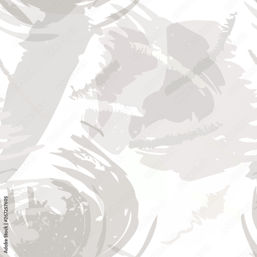Abstract brush storkes, splatters and crayon marks background. Vector seamless creative pattern with hand painted shapes in neutral light colors.