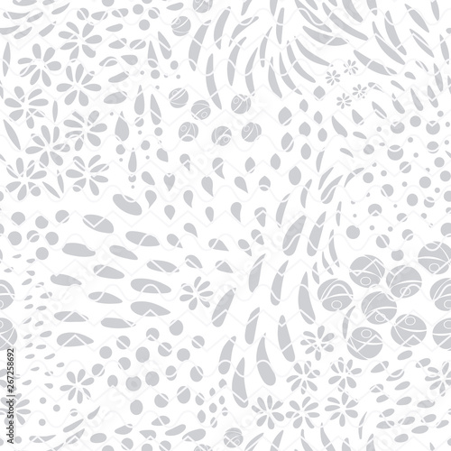 Vector organic seamless abstract background, botanical motif, freehand doodles pattern with stylized flowers, leaves, berries and simple shapes on geometric background. Light neutral colors.