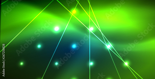 Neon glowing techno lines, blue hi-tech futuristic abstract background template with lights