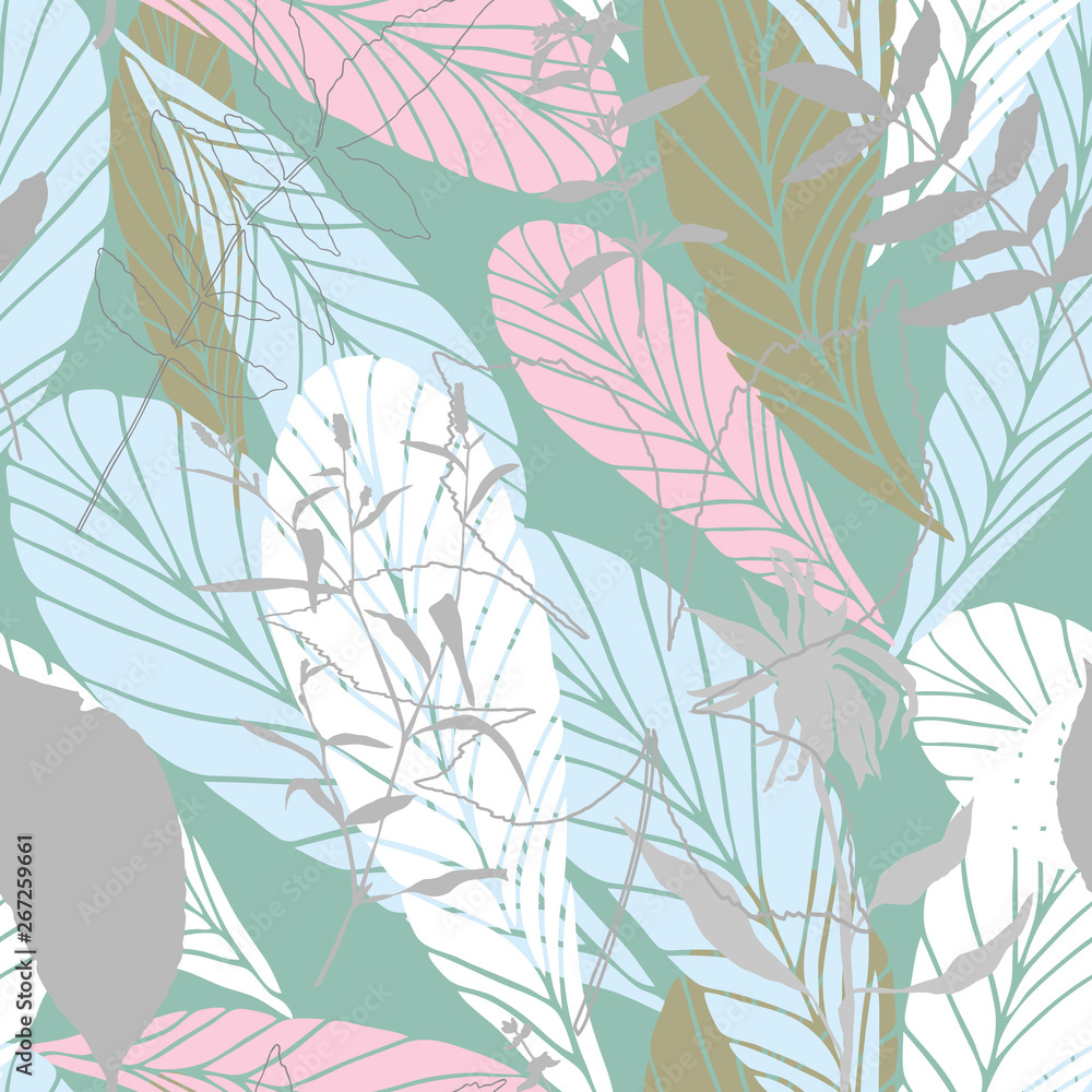 Fototapeta premium Leaves and flowers background. Vector seamless pattern with hand drawn realistic wild flowers, plants and leaves in light pastel colors