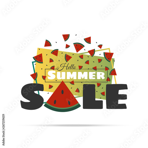 Hello Summer background with color red watermelon fruit on abstract graphic shape. Template for summer sale design frame, fashion gift card. Vector illustration.