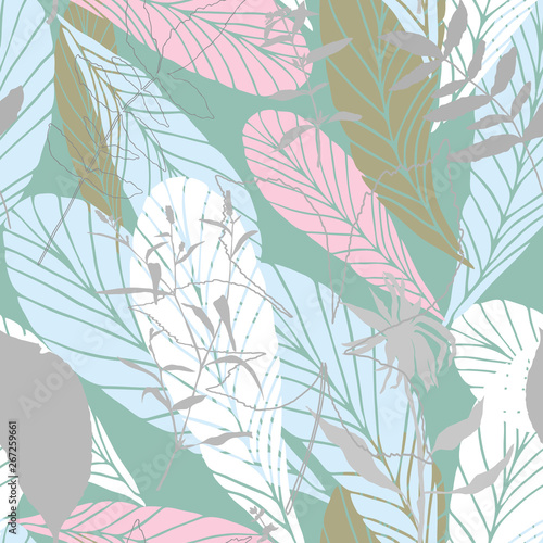 Leaves and flowers background. Vector seamless pattern with hand drawn realistic wild flowers  plants and leaves in light pastel colors