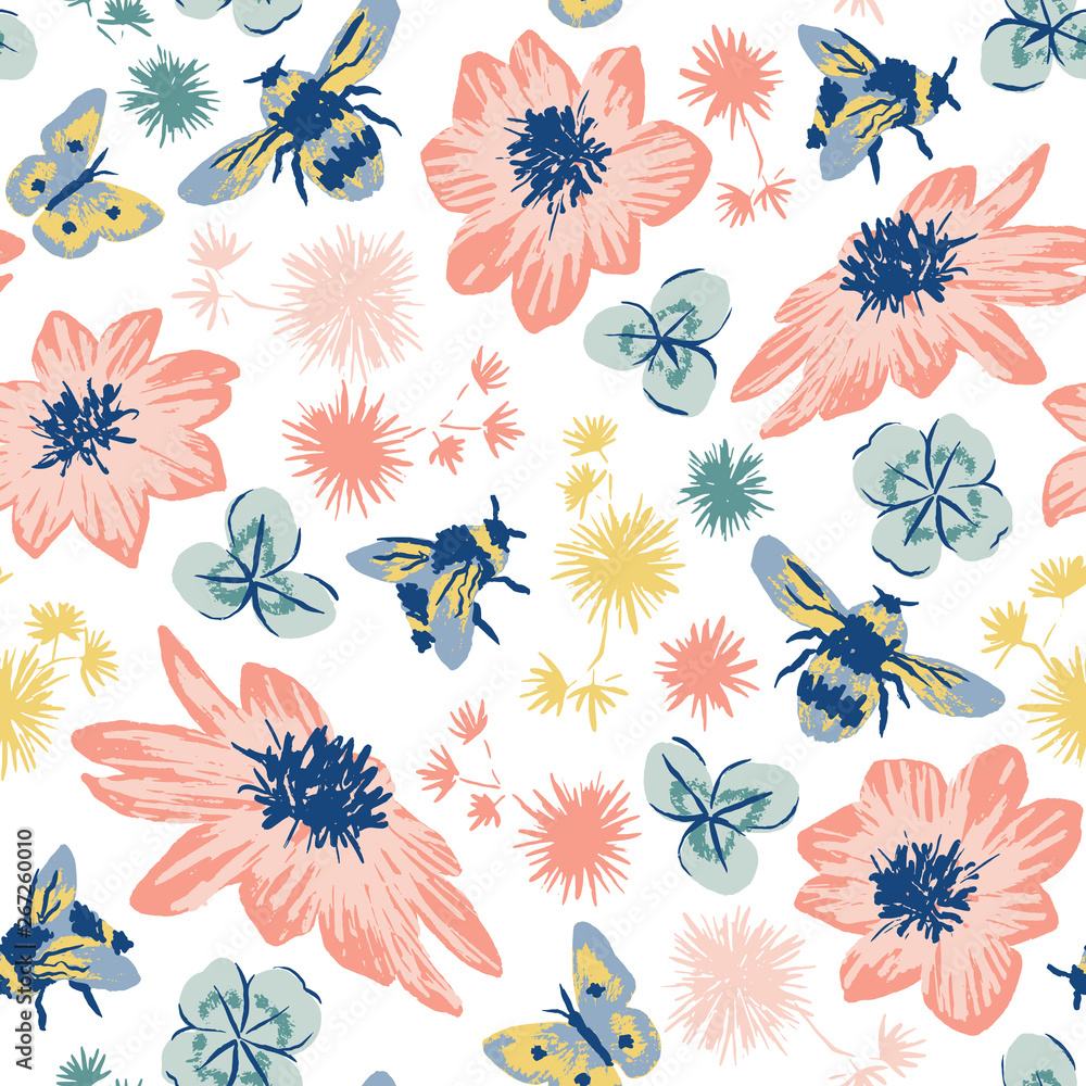 Vector meadow seamless pattern with insects, flowers and clover. Perfect for gift wrapping, wallpaper, invitations Vector meadow seamless pattern with insects, flowers and clover. Perfect for gift wrapping, wallpaper, invitations