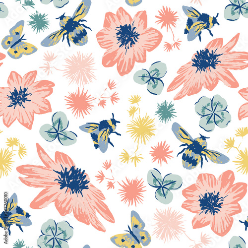 Vector meadow seamless pattern with insects, flowers and clover. Perfect for gift wrapping, wallpaper, invitations