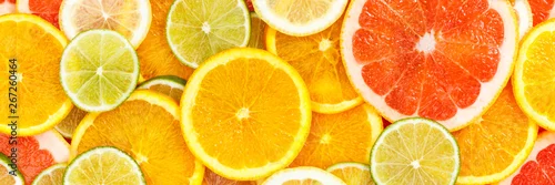 Obraz  z motywem Citrus fruits collection food background banner oranges lemons limes grapefruit fresh fruit