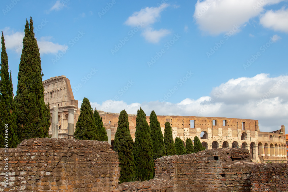 Colosseum of Rome with trees and wall