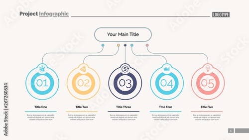 Five ideas process chart slide template. Business data. Step, flow, design. Creative concept for infographic, presentation, report. Can be used for topics like marketing, teamwork, research.