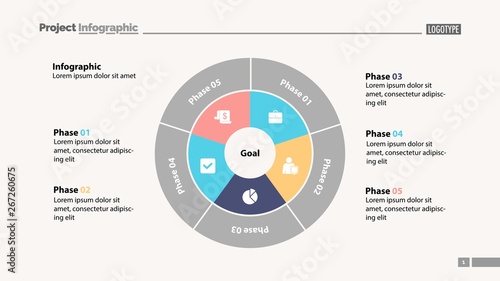 Five sectors process chart slide template. Business data. Goal, circle, design. Creative concept for infographic, presentation, report. Can be used for topics like marketing, planning, analytics.