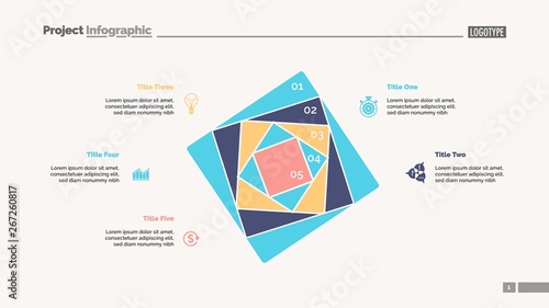 Five squares process chart slide template. Business data. Strategy, step, design. Creative concept for infographic, presentation, report. For topics like marketing, insurance, stock market.