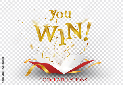 Win text explosion on red box and gold confetti
