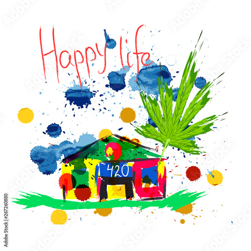 Colorful house or hemp farm with large strokes. Cartoon background for design. Vector
