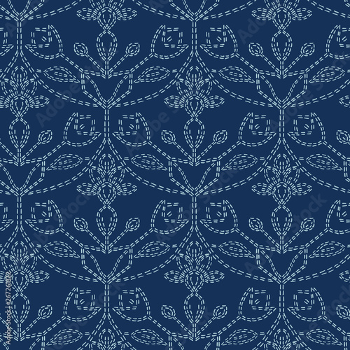Damask motif sashiko stitch pattern. Japanese needlework seamless vector background. Hand drawn line texture for textile print. Classic Japan embroidery decor, asian fusion kimono quilted template. 