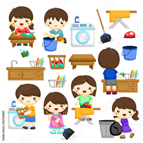 Young kids doing house chores