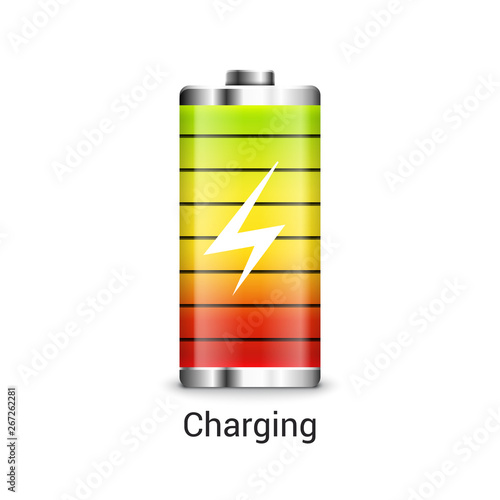 Battery charge full power energy level. Recharge battery indicator icon