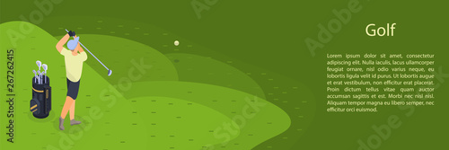 Man play golf concept banner. Isometric illustration of man play golf vector concept banner for web design