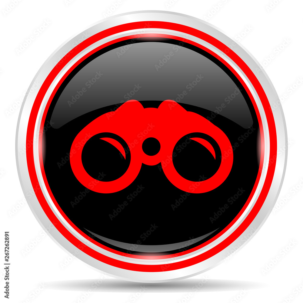 Binoculars icon. Round metal web button, black and red. Binoculars icon. Round metal web button, black and red.