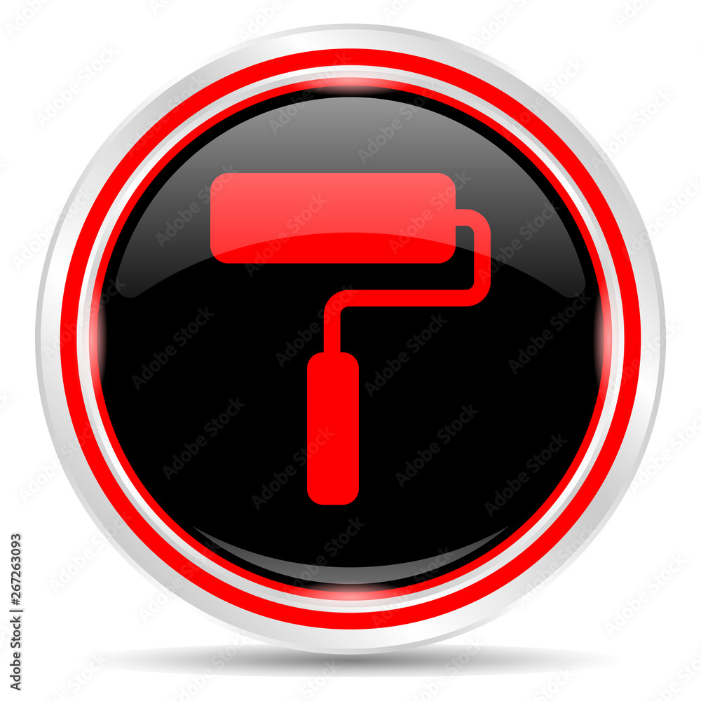 Paint roller icon. Round metal web button, black and red. Paint roller icon. Round metal web button, black and red.