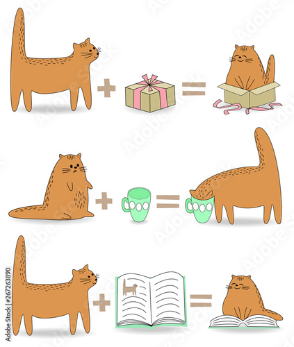 Collection. The cat tears the curtain, the animal drinks from the mug, the pet reads a book. Fun math. Humor, fun. Vector illustration, set