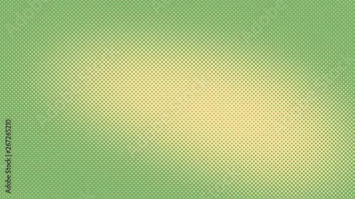 Green and yellow pop art background in retro comic style with halftone dots, vector illustration of backdrop with isolated dots