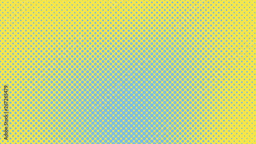 Yellow and blue retro comic pop art background with halftone dots design, vector illustration template