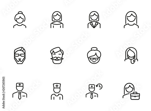 Avatars line icon set. Hipster, doctor, grandmother. People concept. Can be used for topics like occupation, hospital, job