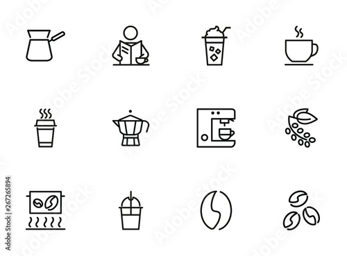 Coffee line icon set. Cappuccino maker machine, takeaway paper cup, bean. Coffee concept. Can be used for topics like coffee shop, break, morning, breakfast