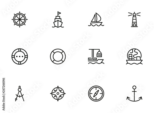 Ocean port line icon set. Boat, ship, lighthouse, compass. Marine concept. Can be used for topics like nautical navigation, sailing, ship