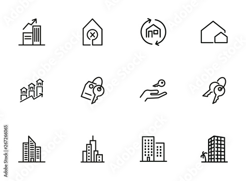 Real estate line icon set. Apartment building, city, key on hand. Real estate concept. Can be used for topics like house buying, mortgage, rent