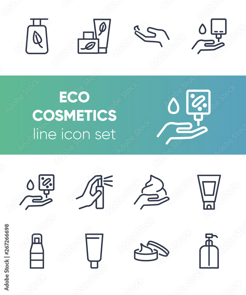 Eco cosmetics line icon set. Set of line icons on white background. Nature  concept. Cream, gel, perfume. Vector illustration can be used for topics  like ecology, green, natural cosmetics Stock Vector