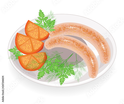 Two sausages on a plate. Garnish vegetables, tomato and greens of dill and parsley. Hot dish for breakfast, lunch, dinner. Tasty and nutritious food. Vector illustration