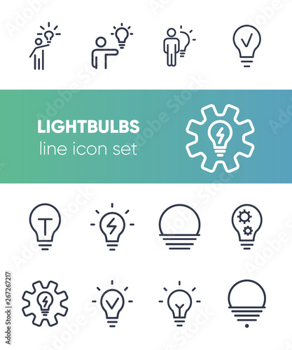 Lightbulbs line icon set. Set of line icons on white background. Fresh idea, lamp, man. Creativity concept. Vector illustration can be used for topics like business, development, science photo