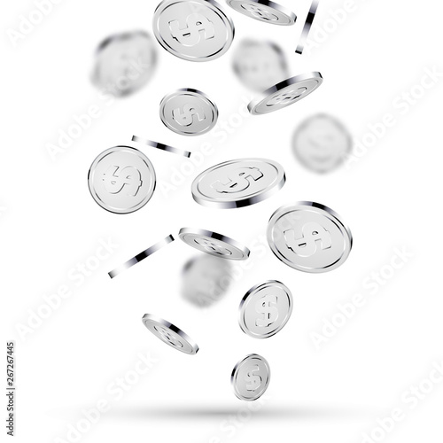 Silver coins falling on white. 3d silver money isolated coins background concept for business