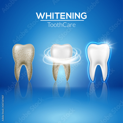 Tooth clean 3d health. Dental realistic dirty whitening. Dentist teeth hygiene isolated medicine template