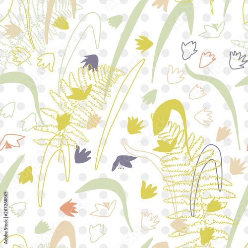 Vector floral seamless pattern with hand drawn scilla or snowdrop flowers and fern leaves. Modern decorative background in pastel colors.