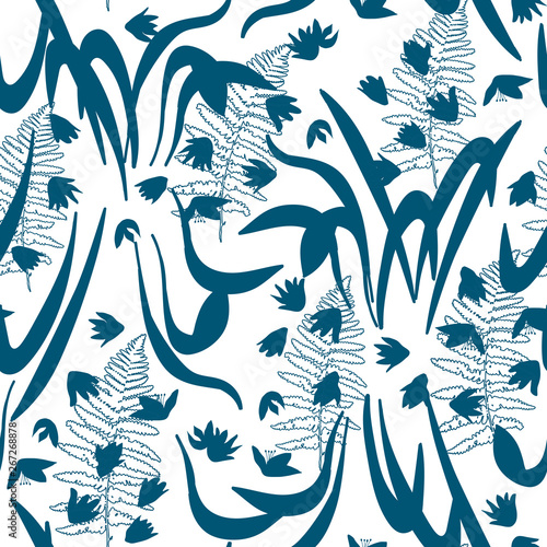 Vector floral seamless pattern with hand drawn scilla or snowdrop flowers and fern leaves. Modern decorative background in pastel colors.