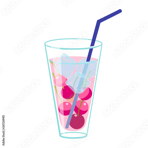 Glass with cold drink,straw , berries and ice. Summer cooling drink. Color vector image. Vertical image for postcards, flyers, illustrations