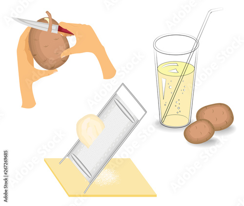 Collection. The potatoes are peeled with a knife, rubbed on a grater, squeezed juice. Healthy drink. Vector illustration, set