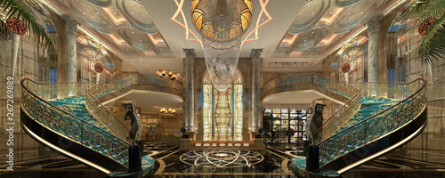 3d render of luxury hotel reception lobby photo